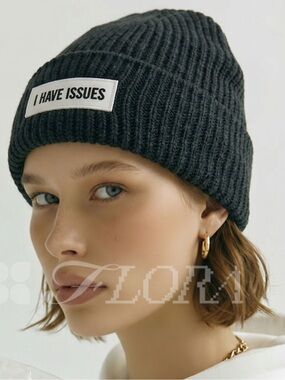 NWT Kenneth Cole Black Knit Beanie White Patch “I Have Issues” Wool Blend Hat OS